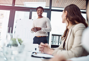 African man, white board and talking with coworkers for presentation and career project ideas in meeting. Professional male analyst and happy with bar graph for research data, statistics and planning