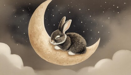 cute small bunny hare sleeping on the moon watercolor illustration children s room fashion design pa