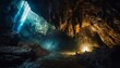 large foggy illuminated underground cave in limestone rock i