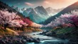 digital art of serene mountain landscape with cherry blossoms and river springtime nature and tranquility concept design for wallpaper poster artistic illustration with vibrant colors