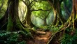 a beautiful fairytale enchanted forest with big trees and great vegetation digital painting background