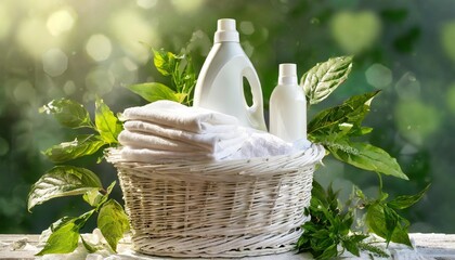 Wall Mural - natural laundry detergent mockup washing detergent concept with bottles of washing gel or fabric softener on a white laundry basket on a green background with green leaves laundry day