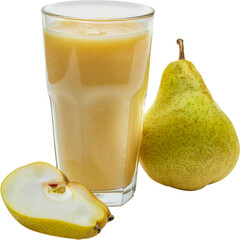 Wall Mural - Pear juice in tall glass with whole and halved pears cut out png on transparent background