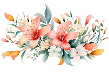 Wall Mural - Watercolor alstroemeria clipart featuring colorful blooms with speckled petals. flowers frame, botanical border, Delicate floral illustration for wedding, greeting cards, jewelry and other designs.