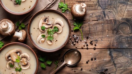 Poster - Mushroom cream soup in ceramic bowls on rustic wooden table.