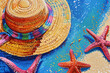 Vibrant pointillism art of a straw hat and starfish on a speckled blue backdrop, conveying a beach vibe.