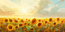 Surreal Blue And Orange Sunflower Field Oil Painting.  Summer Flowers Banner.