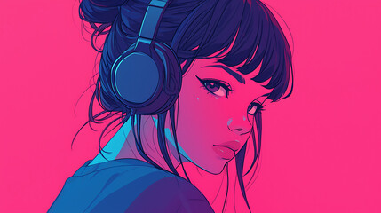 Wall Mural - Young anime girl listening music with headphones. Cartoon drawing manga girl lofi hip hop music. generative ai