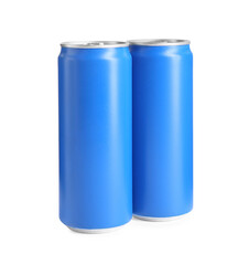 Poster - Energy drinks in blue aluminum cans on white background