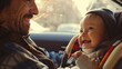 smiling father looking at his baby who is securely strapped into a car safety seat, depicting a moment of bonding and responsible parenting. copy space fot text.