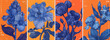 Set of four blue iris flower illustrations and vector graphics on an orange background. The dark navy illustrations focus on detailed linework to capture intricate details.