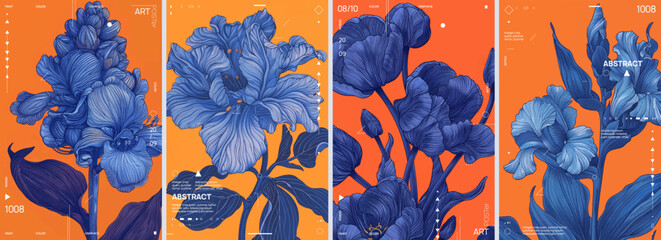set of four blue iris flower illustrations and vector graphics on an orange background. the dark nav
