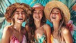 Three cheerful girls friends in summer clothes. copy space for text.