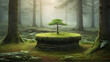 Empty round stand hidden in the middle of fantasy fairy tale magical forest. Flat stone podium under soft moss during foggy morning, majestic green scene.