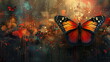 Butterfly Alighting on a Vibrant Painting,  backdrop of abstract paint stains,
