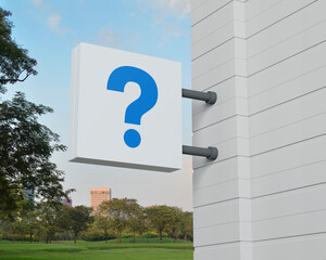 Wall Mural - Question mark sign icon on hanging white square signboard over green grass field and trees in park, Business customer service and support concept, 3D rendering