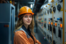 A Confident Young Woman Wearing A Hard Hat And Work Coveralls Stands In Front Of An Industrial Control Panel With Various Switches And Indicators.