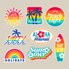 set of girl fashion patches, colorful fun stickers design for summer holidays concept.