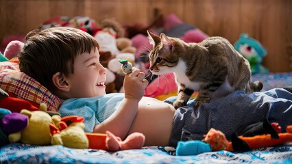 Wall Mural - Child plays with the cat on the bed among his toys