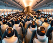 big group of lovely penguins sitting in the back of an airplane, just chilling