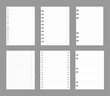 Set of notebook sheets isolated on gray background. Realistic white blanks of lined paper. Different vertical pages from diary. Vector template.
