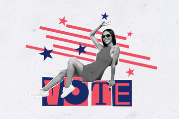 Poster - Creative picture collage young cheerful pretty woman vote election politics decision showing victory gesture drawing background