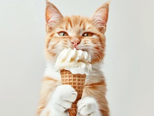 cute orange cat is holding an ice cream in his paws, white background