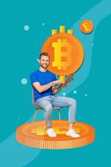 Poster - Vertical collage picture happy young man sitting smiling laptop online cryptocurrency trading investing drawing background