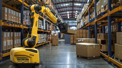 Poster - industrial robot moving through large warehouse