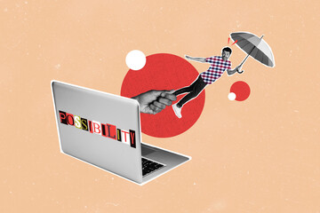Poster - Creative photo collage young man flying upwards parasol surreal laptop possibility encouragement inspiration drawing background