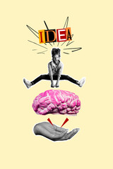 Poster - Vertical collage young man crazy freak idea brainstorming human palm hand surreal concept psychedelic planning strategy genius intelligence