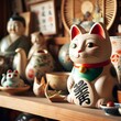 Traditional japanese Maneki-Neko beckoning cats displayed in a curio shop. Generative AI