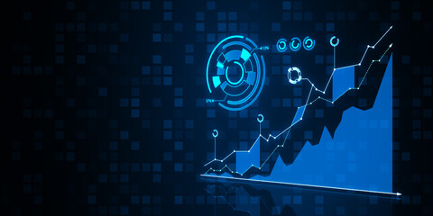 Poster - Abstract growing index business chart on dark blue tech backdrop. Financial growth and invest concept. 3D Rendering.