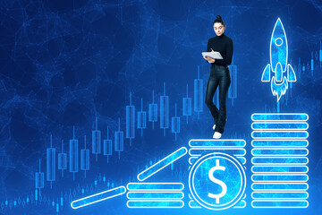 Aufkleber - Attractive thinking young european businesswoman with notepad and growing trading spaceship boost hologram with digital dollar coins on blue background. Trade, startup and revenue concept.