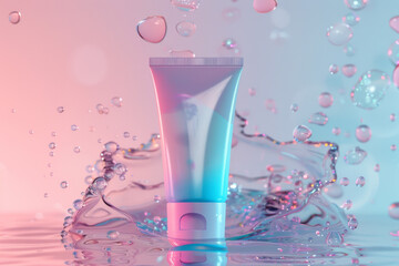 3d render of pink and purple cosmetic tube floating on water, bubbles around the product