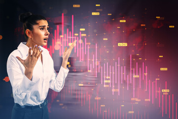 Poster - Stressed young businesswoman with downward red forex chart with map, grid and index on blurry office interior background. Financial crisis and recession concept. Double exposure.