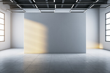 Poster - Bright empty concrete interior with mock up place on wall, panoramic windows and daylight. 3D Rendering.