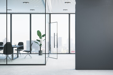 Aufkleber - Modern glass conference room interior with empty mock up place on wall, furniture and panoramic window with city view and daylight. 3D Rendering.