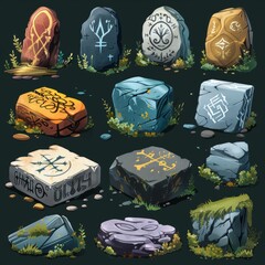 Poster - Set of game stone icons. Zodiac signs, astrological symbols on stone set.