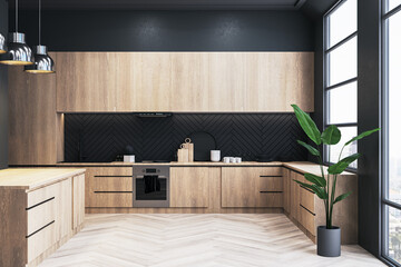 Poster - Modern black and wooden kitchen interior design with window. 3D Rendering.