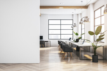 Poster - Modern spacious wooden and concrete coworking office interior with empty mock up place on wall, panoramic windows and city view, light walls. Workplace concept. 3D Rendering.