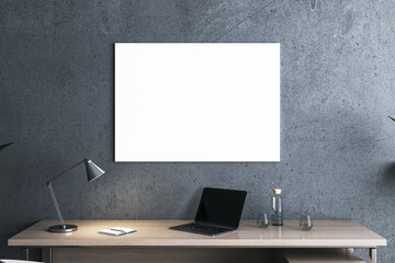 Poster - Modern concrete and wooden home office interior with workplace and empty white mock up poster on wall. 3D Rendering.