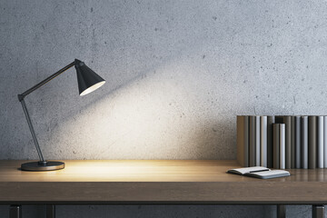 Aufkleber - Modern concrete workplace with lamp, books and mock up place. Workspace close up. 3D Rendering.