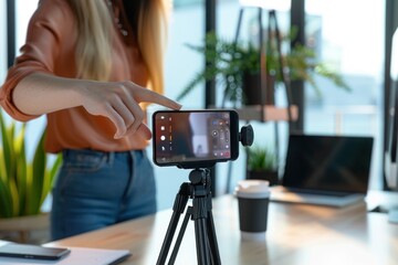 A woman's hand is pointing at the phone on top of an tripod