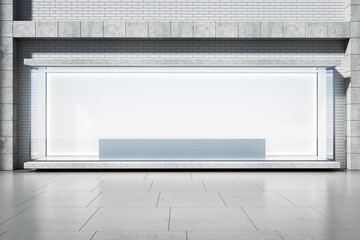 Poster - A storefront window display with a blank podium, empty showcase, modern building facade, lighted background, concept of retail presentation. 3D Rendering