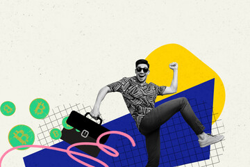 Sticker - Creative collage young running funky man sunglass lucky entrepreneur crypto trader tokens wealthy suitcase coins checkered background