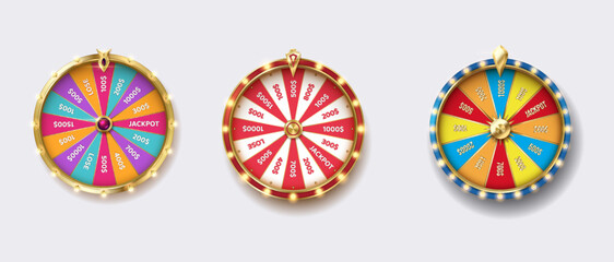 Canvas Print - Fortune wheels colorful realistic vector illustration set. Luck win spin games. Casino roulettes 3d objects on white background