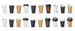 Cardboard coffee cups 3d realistic vector illustration set. Hot drinks disposal mugs design. Coffee to go containers on transparent background