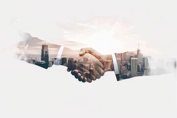 Wall Mural - Double exposure of a business handshake and cityscape