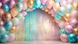 helium balloons arch on pastel background wall decorated with colorful balloons for birthday party baby shower wedding mockup template for greeting card composition with balloons space for text
